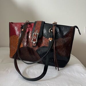 Patchwork Leather Tote Bag in Black, Brown & Red